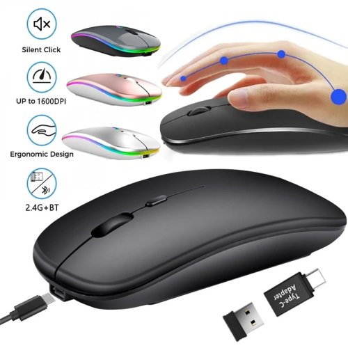 Wiederaufladbare kabellose Maus — Bluetooth + 2,4 GHz (Dual-Modus) mit Nano-USB-Empfänger für PC, Laptop, MacBook