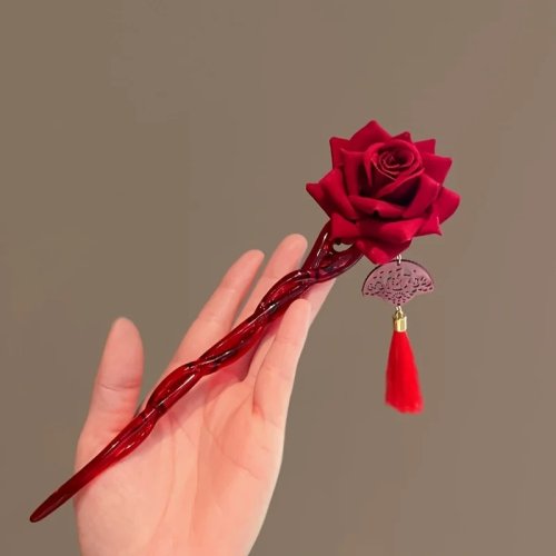 Grampo de Cabelo Rosa Bordô (1 unid.) — Vintage feito à mão, acessório para cheongsam chinês, ornamento de cabelo redondo elegante, presente Dia dos Namorados/Aniversário