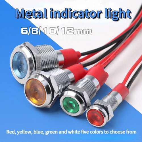 Spia LED metallica impermeabile 6/8/10/12 mm con cavo, 3/5/6/12/24/220 V - rosso/giallo/blu/verde/bianco