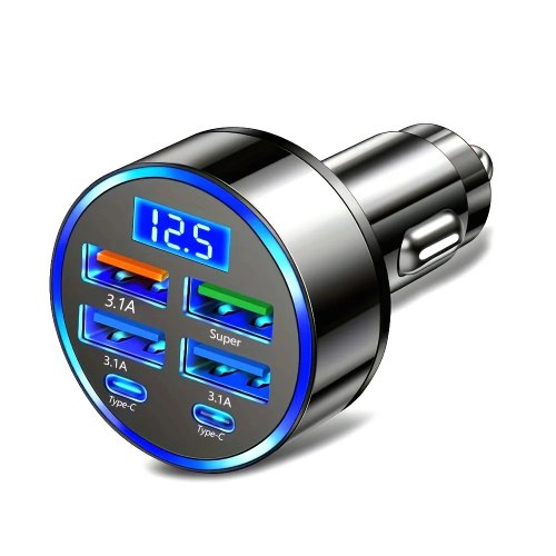 車載用急速充電器 6-in-1 3.1A — USB-C×2 デジタル表示付き スマホ・タブレット・モバイルバッテリー用 ブラック