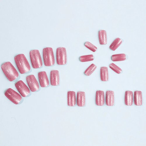 24-piece short square cat eye glitter press-on nails – pink, green, purple, yellow & nude