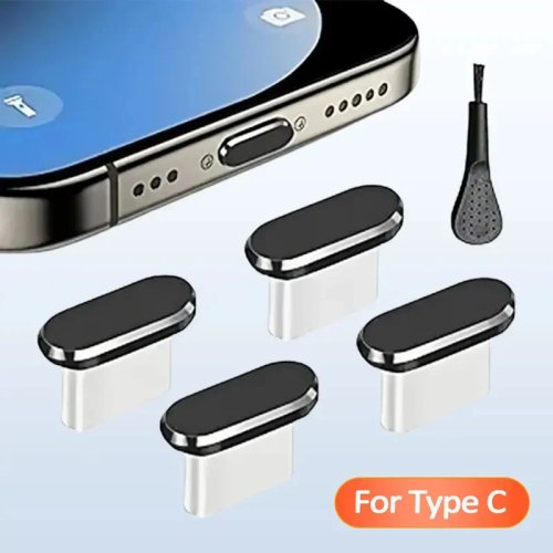 Pack 4 tampões anti-poeira USB-C com escova de limpeza — tampas para porta de carregamento para iPhone 15/16 e Samsung