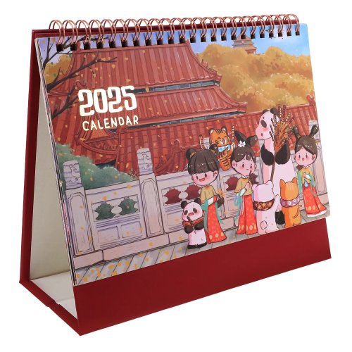 Calendario de sobremesa mensual con dibujos y tema chino, tipo flip con anillas dobles y base rígida para oficina y hogar