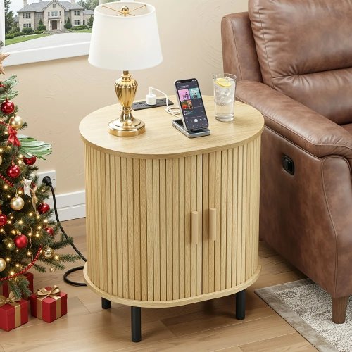 Table d'appoint ovale style mid‑century avec rangement et station de charge USB — porte coulissante, étagère réglable et patins réglables, chevet pour petits espaces, 1 ou 2 pièces, noyer/noir/blanc naturel/chêne