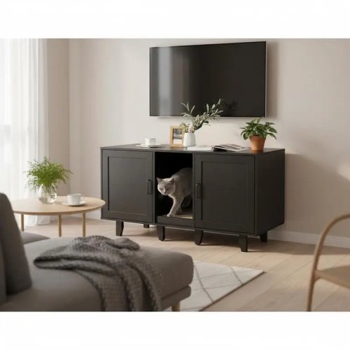 2-Door Cat Litter Box Enclosure with Curved Entry and Scratching Board - Black