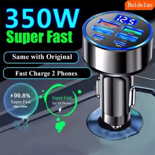 350W USB‑C Autolader PD QC3.0 Snellader Type‑C Adapter voor iPhone, Samsung, Huawei, Xiaomi