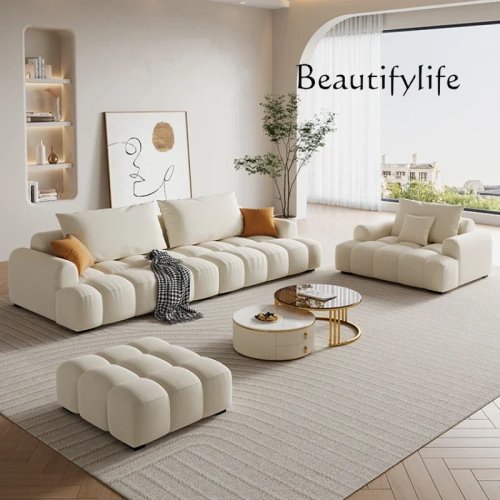Kursi sofa mini 'Cotton Candy' gaya cream, punggung beralur (piano‑key) — sofa satu tempat untuk ruang tamu