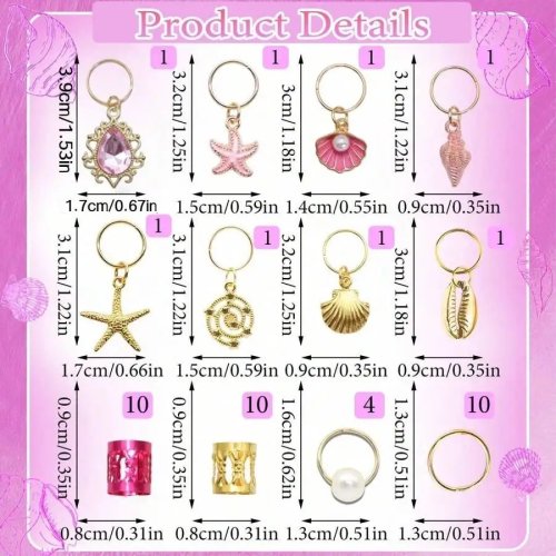 Conjunto 42 pçs Argolas de Cabelo Estrela-do-mar e Concha — enfeites para tranças, cuffs e presilhas para praia