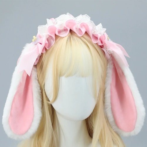 Diadema con orejas de conejo de peluche y lazo de encaje — estilo Lolita, diadema para niñas (cosplay)