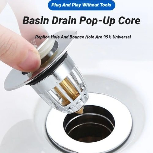 Tappo di scarico pop‑up cromato universale con raccogli‑capelli — a pressione per lavabo, vasca e lavello