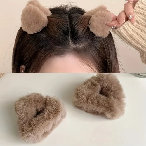 Set van 2 pluche haarclips met kattenoortjes — zacht en schattig, herfst/winter casual haaraccessoire voor dames, cadeau & fotoprops