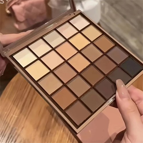Palet eyeshadow 25 warna — Nuansa abu netral & cokelat tanah, shade kopi dan cokelat untuk riasan dari natural hingga dramatis