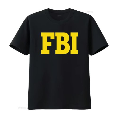 T-shirt homem FBI 'Federal Agent' estampado frente e verso, design amarelo e preto, lavado vintage