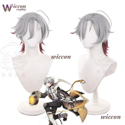 Genshin Impact Illuga (Lightkeeper's Nod‑Krai) Cosplay Wig — Short Gray & Red Heat‑Resistant Synthetic Hair for Men, Halloween/Party