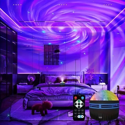 Projetor LED Galaxy / Candeeiro de noite com comando — Recarregável USB 5V, ativação por som (DMX), 7 modos — Lâmpada céu estrelado para quarto infantil