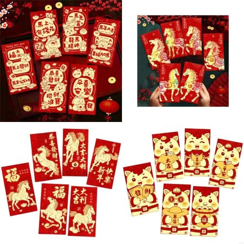 6-Pack New Year Money Envelopes — Horse Pattern with Gold Foil