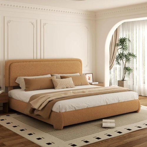 Armazón cama King, tapizado en velvet bouclé tipo 'teddy', cabecera acolchada ajustable (110–115 cm), esquinas redondeadas, base para colchón incluida