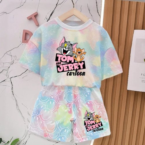 Conjunto Tom e Jerry unissexo: t-shirt e calções de verão com estampa de desenho animado, confortável