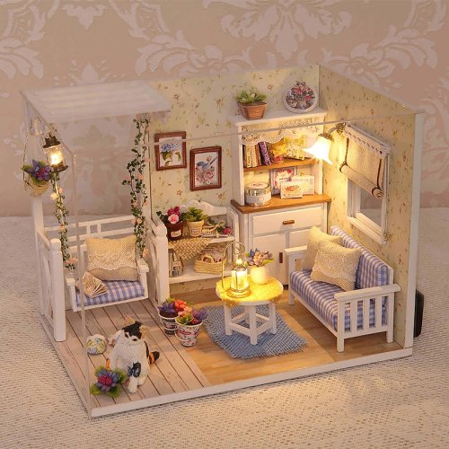 Casa de muñecas mini gatito kit 3D de madera para armar con muebles — decoración y regalo