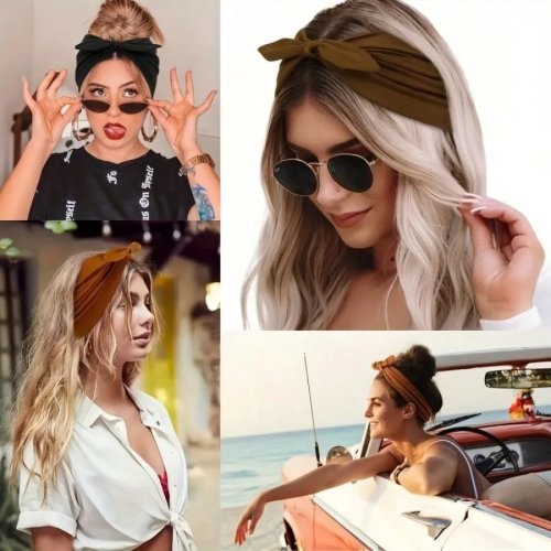 Bộ 4 băng đô boho rộng bằng vải mềm co giãn, kiểu 'tai thỏ' cho nữ — cột tóc co dãn chống trượt, thích hợp cho yoga và trang điểm
