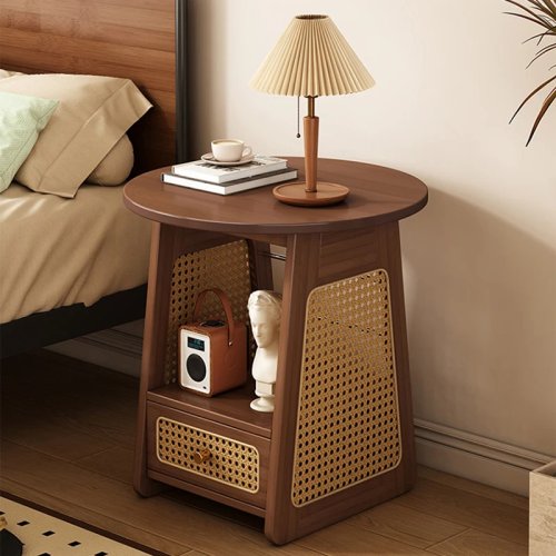 Nachttisch aus Massivholz mit Rattan, runder Beistelltisch mit Stauraum – Sofa‑/Kaffeetisch im Nordic‑Stil