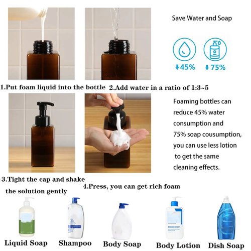 Paket 4 Dispenser Sabun Busa 450 ml (15 oz), Botol Pump Plastik Isi Ulang (Kosong) - Cokelat