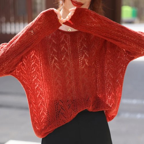 Áo len nữ cổ tròn 10% cashmere, tay dài, đan lỗ mỏng bán trong suốt, nhẹ phù hợp cho mùa hè