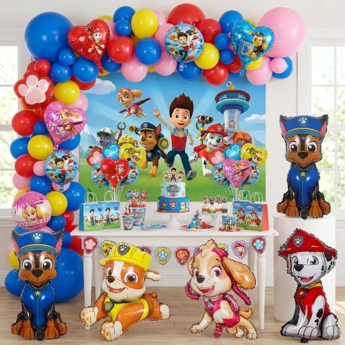 Paw Patrol(퍼피 구조대) 포일 풍선 — 강아지 모양 마일러 풍선 + 발바닥 무늬 풍선, 어린이 생일 파티 장식