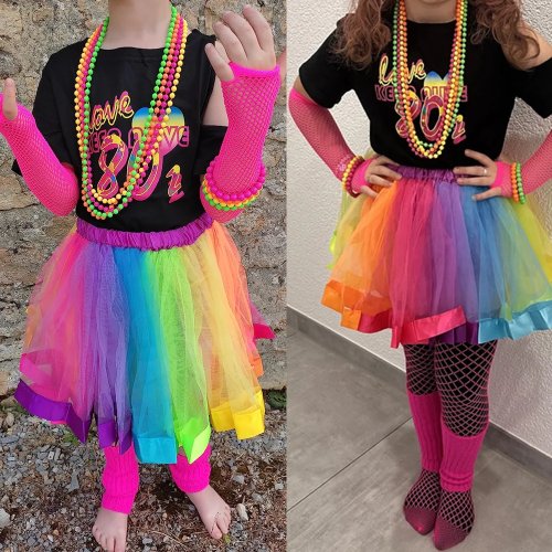 Fato anos 80 para menina – tutu arco-íris, t-shirt néon e óculos