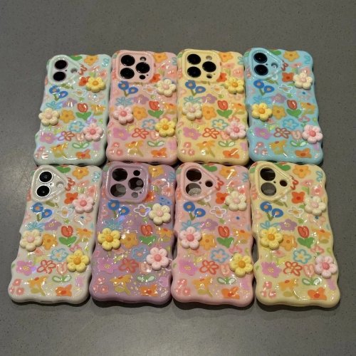 Casing iPhone motif bunga 3D gaya dopamine, desain bergelombang — pelindung untuk iPhone 16/15/14/13/12/11 (Pro/Max/Plus)