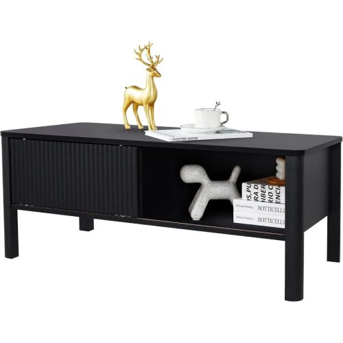 Tavolino da caffè rettangolare stile mid-century con finitura scannellata e cassetti scorrevoli, nero, basso con vano contenitore