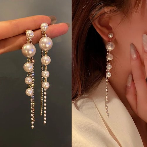 Lange hanger oorbellen met parel, kristal en kwastje in 925 zilver voor dames – Koreaanse luxe