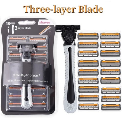 Men's Stainless Steel 3-Blade Reusable Razor — Professional Barber Shaving Tool