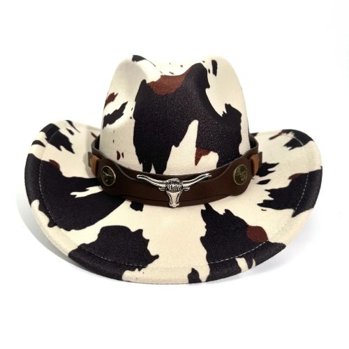 Sombrero vaquero de ala ancha con estampado de vaca — estilo retro cowgirl con protección UV