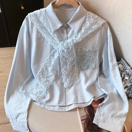 Top femme manches longues style college coréen, coupe loose, épaules en dentelle, effet cache-coeur, polyester, toutes saisons