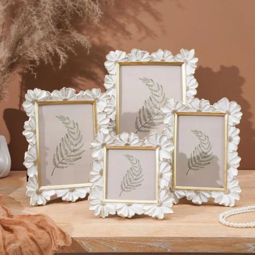 Marco de fotos de resina blanco con margaritas y borde dorado — cuadrado/rectangular de sobremesa, decoración para el hogar