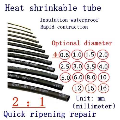 Gaine thermo-rétractable 5 m noire — manchon isolant étanche, diamètres intérieurs 1 à 15 mm