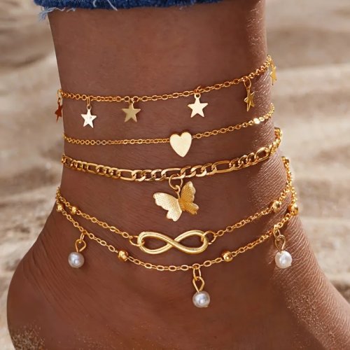 4-delige elegante enkelbandset met vlinder, ster en parel voor dames — retro meerlaagse strand-enkelbandjes, voet­sieraden