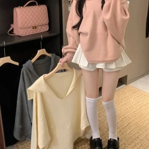 Top de malha plus size com decote em V e mangas compridas — corte largo casual estilo coreano para outono/inverno