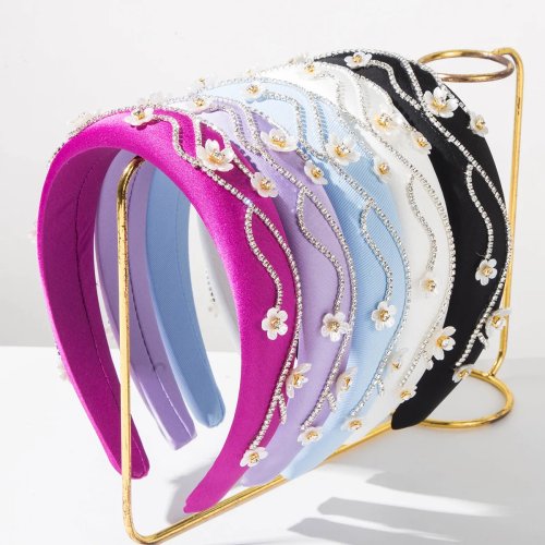 Bandeau large style coréen avec fleur en strass et chaîne irrégulière