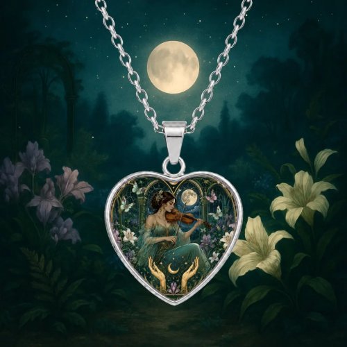 Hartvormige hanger ketting met 'Moonlit Garden' inzet, ketting en hanger van zinklegering, bloem- en vlinder- met vioolmotief, licht en romantisch voor dagelijks gebruik