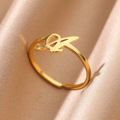 Nhẫn chữ cái hở bằng thép không gỉ mạ vàng 18K – Cá nhân hóa chữ cái, có thể điều chỉnh, trang sức mảnh, quà tặng