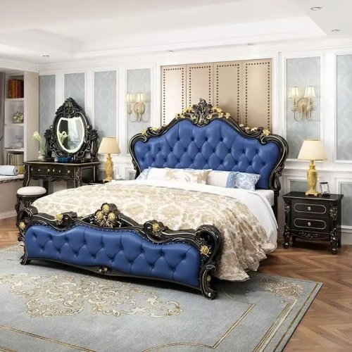 Cama tapizada de cuero de lujo estilo francés con capitoné — mobiliario de dormitorio europeo