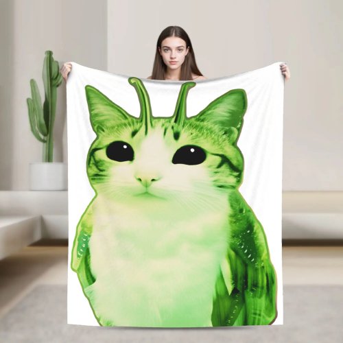 Coperta in flanella con gatto 'Meowl' alieno verde divertente – plaid morbido per letto e divano, per adulti e bambini