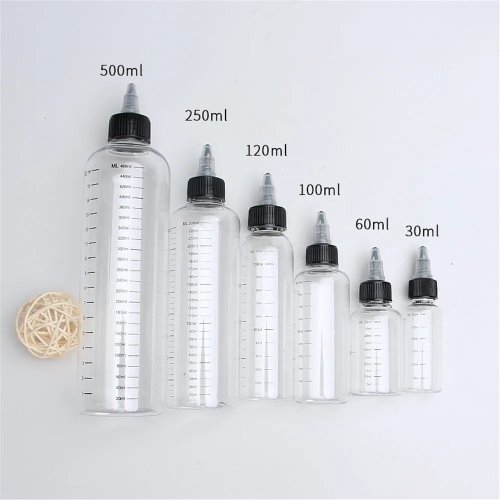 Frascos squeeze transparentes em plástico com tampa de rosca e graduação — Recarregáveis para líquidos e tinta de cabelo, 30/60/100/120/250 ml