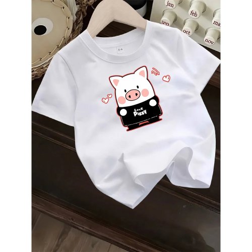 Playera infantil de manga corta con estampado de cerdito, corte holgado, cómoda y versátil