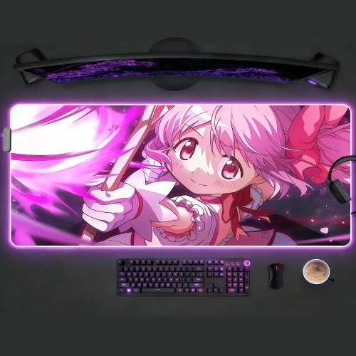 ماوس باد ألعاب Madoka Magica بإضاءة RGB LED كبير، مقاوم للماء وغير قابل للانزلاق للمكتب أو غرفة النوم