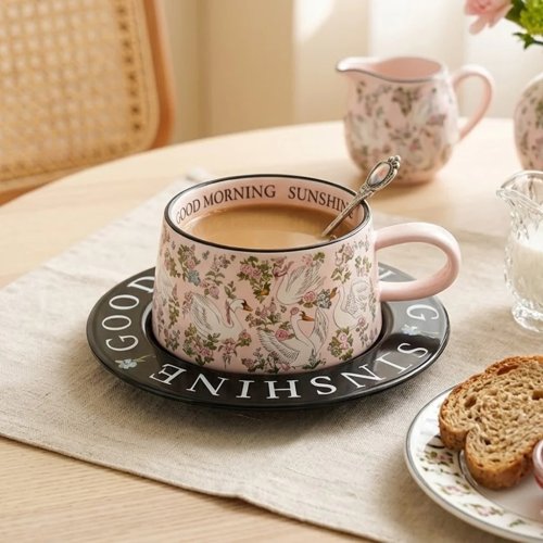 Set cangkir & tatakan 300ml keramik — cangkir porselen motif angsa dan bunga, gaya vintage, untuk kopi/teh, hadiah teh sore