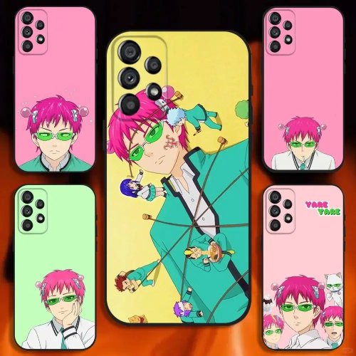 غطاء هاتف ناعم أسود بطبعة أنمي Saiki Kusuo لهواتف Samsung Galaxy A20/A21s/A22/A31/A32/A52/A53/A72/A73/A80