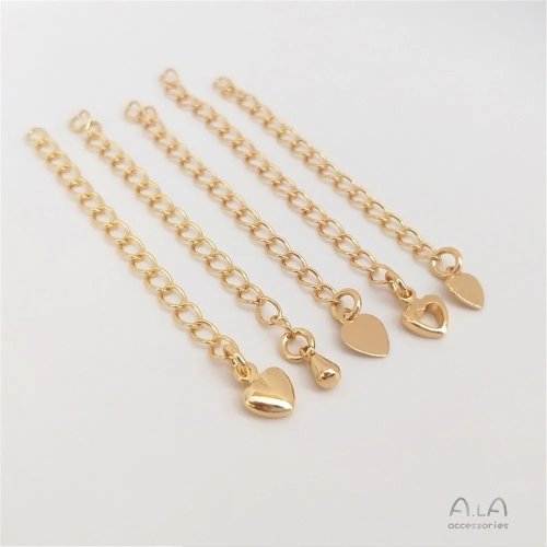 Extensor bañado en oro 14K con dijes de gota y corazón, hecho a mano — para pulsera/collar